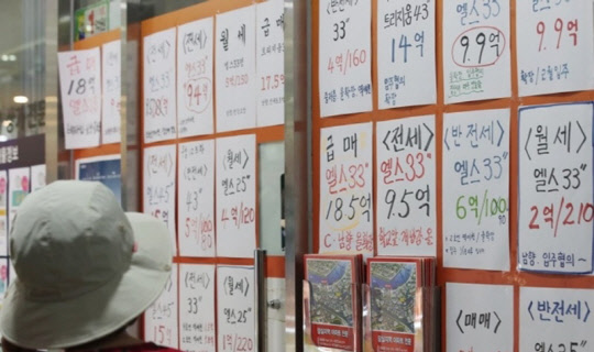 정부의 6·17 대책에 따라 토지거래허가구역으로 지정된 서울 송파구 잠실의 한 부동산공인중개업소 앞에서 시민이 아파트 급매물 시세를 살펴보고 있다.<연합뉴스>